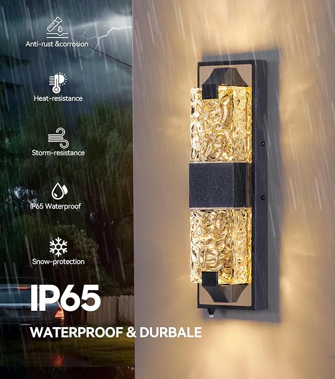HITTO Porch Lights Outdoor, Dusk to Dawn Outdoor Lighting 15.6'' Outdoor Wall Sconce, IP65 Waterproof LED Exterior Lamp, Ripple Crystal Glass, Black&Gold Modern Porch Light for House Front Door 1 Pack
