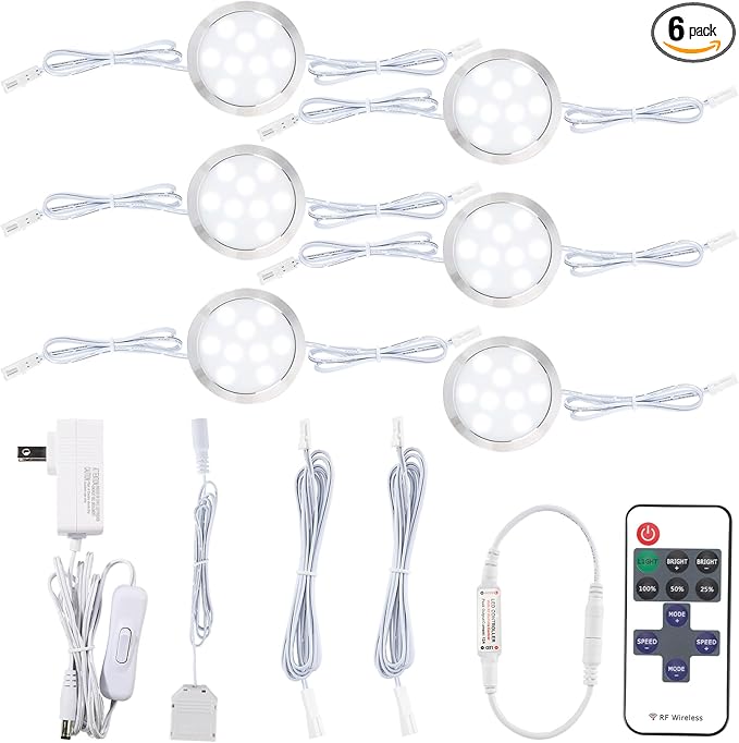 LED Kitchen Lighting, Linkable Under Cabinet Puck Light Kit, Wireless Remote Control Dimmable, 120V Wall Plug in Curio Accent Lighting Under Shelf Lights, 6 Lights, Cool White