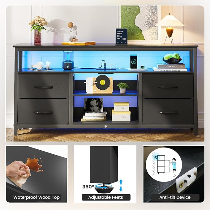 Haewon TV Stand for Televisions up to 65 Inches, Entertainment Center with LED Lights and Charging Station, TV Media Console Table with 4 Fabric Drawers and Open Shelf for Living Room, Black