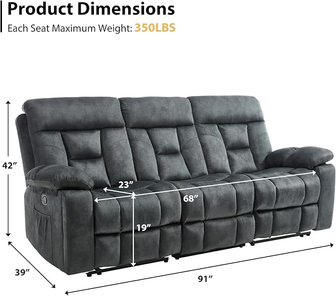 CANMOV 3 Seat Manual Recliner Sofa, Modern Reclining Sofa with Overstuffed Armrest, Hidden Cup Holders, for Living Room, Greenish-Gray