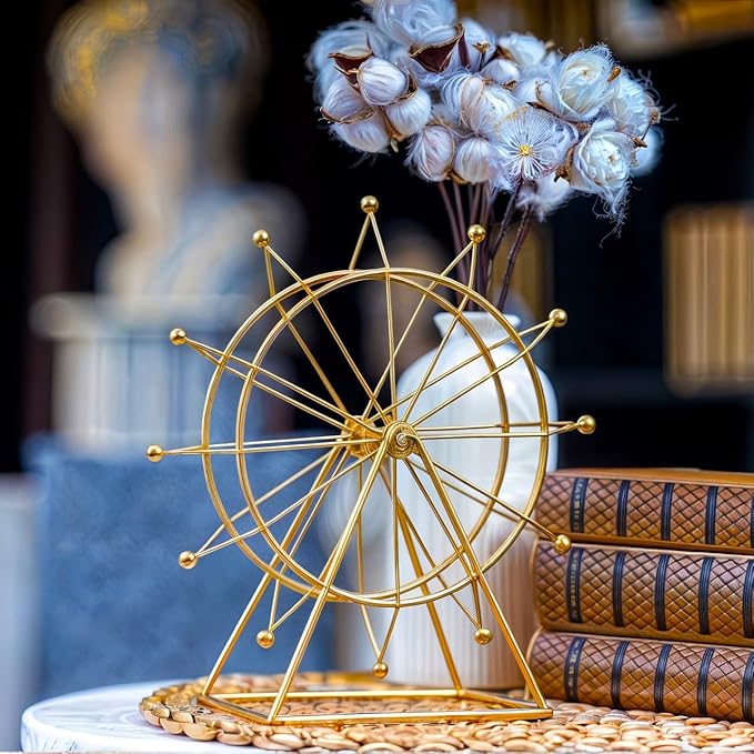 Ferris Wheel Bookshelf Decor – Gold Decor Modern Gift - Shelf Decor Accents Ornament - House Decorations Living Room - Fireplace Decor or Desk Decor - Entryway Decor. (Art Deco)