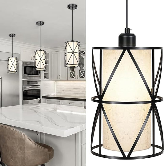 7"×10" Matte Black Pendant Light, Adjustable Height Island Lights for Kitchen with Linen Shade, Modern Kitchen Pendant Lighting Over Island, Dining Room, and Living Room