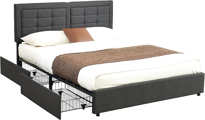 VECELO Queen Size Bed Frame with 4 Drawers, Adjustable Tufted Button Headboard, Upholstered Platform with Wood Slats Support, Built-in USB and Type C Ports, Dark Gray