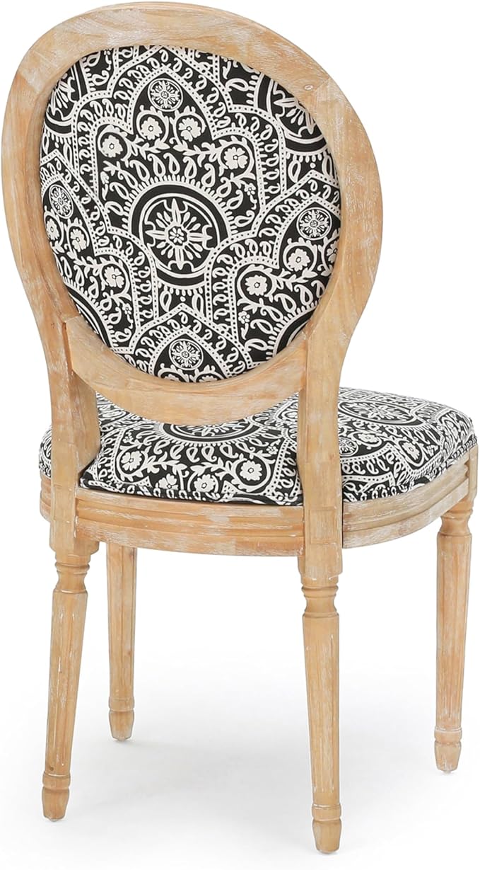 Christopher Knight Home Hulda French Country Fabric Dining Chairs (Set of 4), Black and White Pattern, Natural