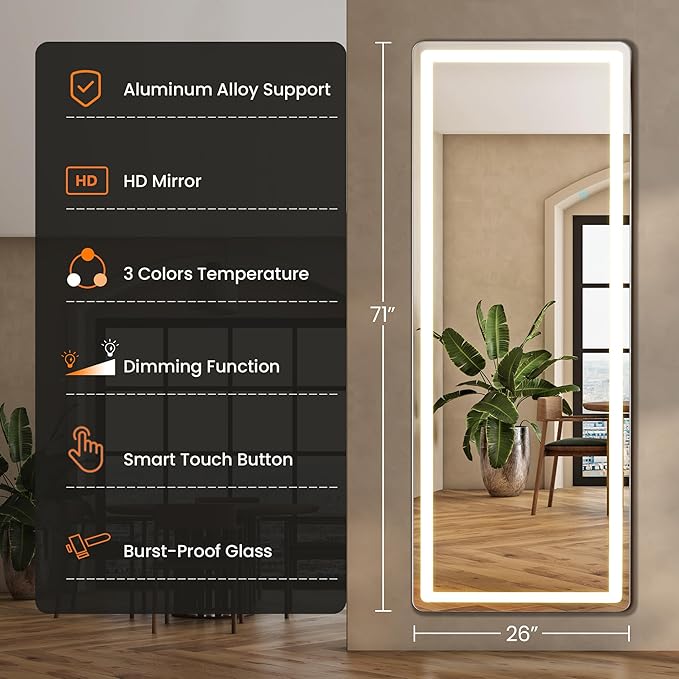 Alpen LED Full Length Mirror with Lights, 71" x 26" LED Floor Mirror with Stand, Full Body Dressing Mirrors with Dimming & 3 Color Lighting, Hanging Mounted Mirrors for Living Room Bedroom Cloakroom