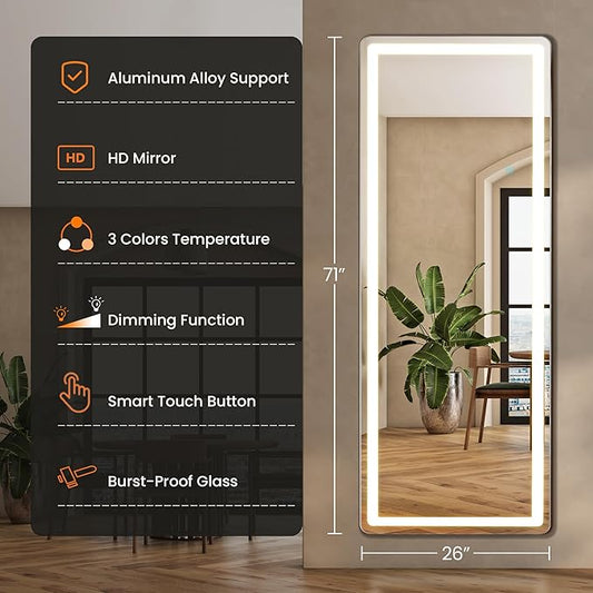Alpen LED Full Length Mirror with Lights, 71" x 26" LED Floor Mirror with Stand, Full Body Dressing Mirrors with Dimming & 3 Color Lighting, Hanging Mounted Mirrors for Living Room Bedroom Cloakroom