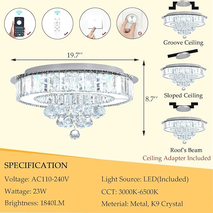 19.6'' Silver Modern Crystal Chandeliers for Dining Room LED Dimmable Light Fixtures Flush Mount Light Living Room Bedrooms