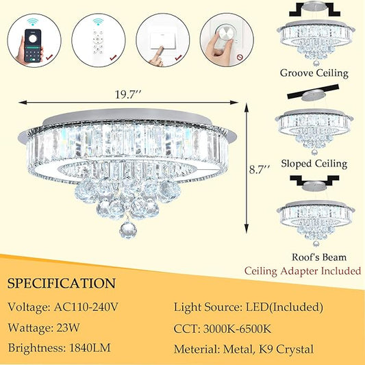 19.6'' Silver Modern Crystal Chandeliers for Dining Room LED Dimmable Light Fixtures Flush Mount Light Living Room Bedrooms
