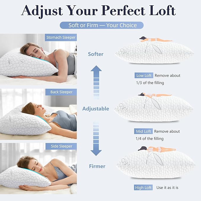 Yettbea Adjustable Shredded Memory Foam Pillows Queen Size Set of 2, Luxury Cooling Bamboo Rayon Pillow w/Washable Zippered Cover, Soft or Firm Support Bed Pillow for Side, Back, Stomach Sleeper