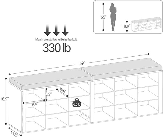 Shoe Storage Bench with Cushion, Entryway Storage Bench with 18 Cubbies, 9.5" Widened Organizer Cabinet, Long Cubby Rack for Living Room, Bedroom, Entryway, White and Brown SB25714KA