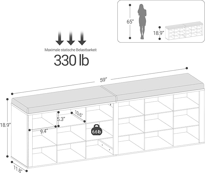 Shoe Storage Bench with Cushion, Entryway Storage Bench with 18 Cubbies, 9.5" Widened Organizer Cabinet, Long Cubby Rack for Living Room, Bedroom, Entryway, Black SB25704GY
