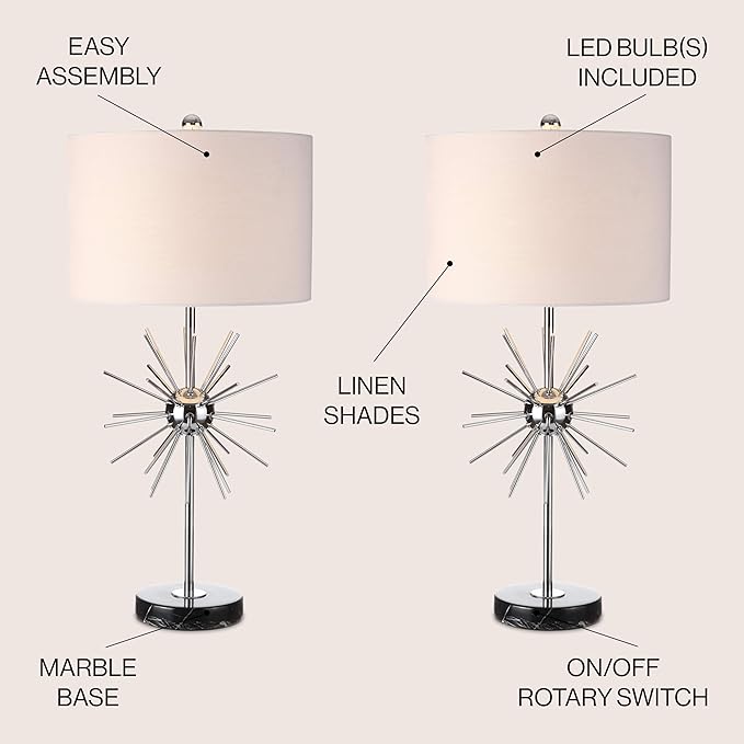 JONATHAN Y 31.5" Chrome Metal and Marble Starburst LED Table Lamp Set of 2, Mid-Century Modern Glam Lamp for Living Room Bedroom, White Linen Shade, LED Bulbs Included JYL2011A-SET2
