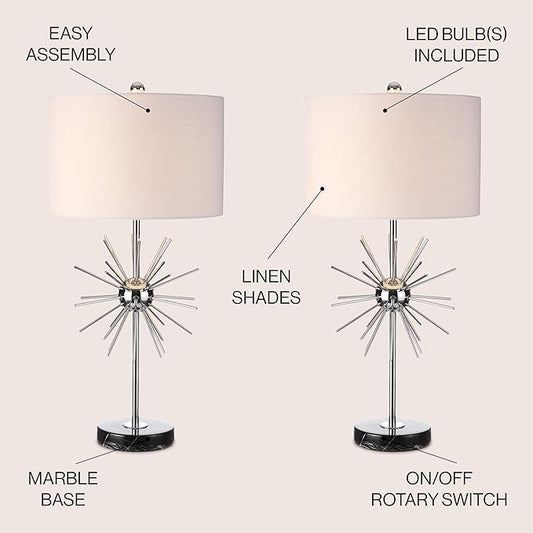 JONATHAN Y 31.5" Chrome Metal and Marble Starburst LED Table Lamp Set of 2, Mid-Century Modern Glam Lamp for Living Room Bedroom, White Linen Shade, LED Bulbs Included JYL2011A-SET2