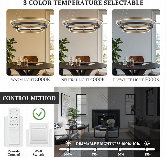 Modern Brass Chandelier for Living Room LED 3-Ring Dimmabel Chandelier Black & Gold Light Fixture Round Entry Foyer Chandeliers Lighting for Dining Room Bedroom Office 24in