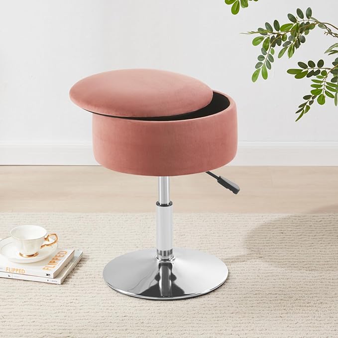 Adjustable Ottoman Stool Pink Vanity Stool Vanity Chair for Makeup Room Stool Chair for Vanity Stool with Storage Makeup Stools with Storage Swivel Makeup Chair for Bathroom Velvet
