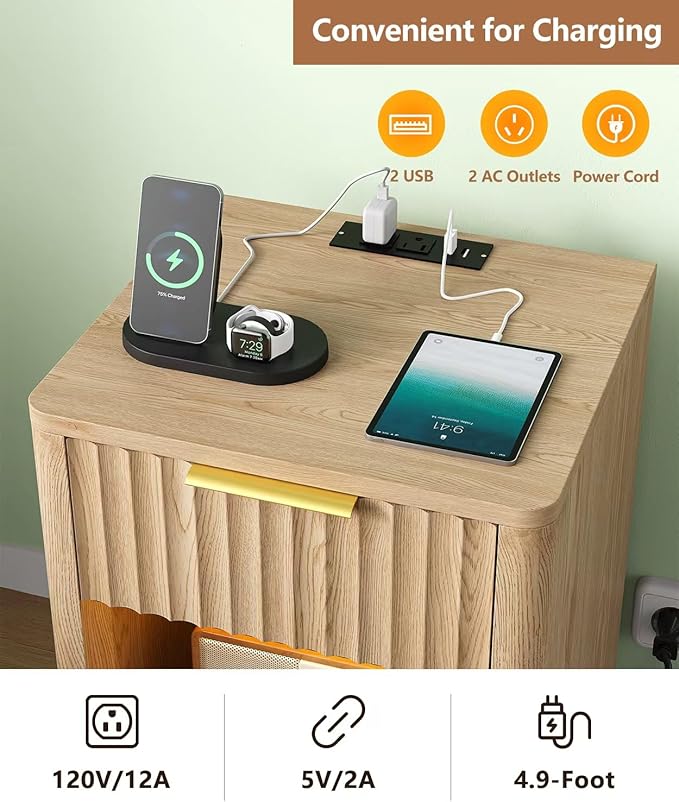 Fluted Nightstand Set of 2, Wooden Night Stand with Charging Station and LED Light, Modern Mid Century End Table with Drawer, Bedside Table for Bedroom, Natural Oak