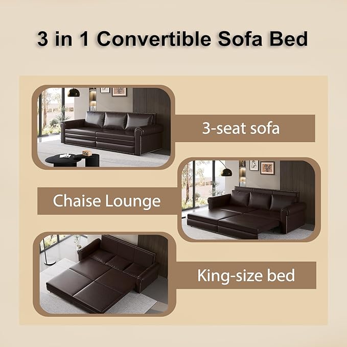 Eafurn 93.7" King Size Pull Out Sofa Bed, 3-in-1 Convertible Sleeper Sofa Couch Bed with Nailhead Decor and Rolled Arms, Faux Leather Oversized Chesterfield Loveseat Chaise Lounge