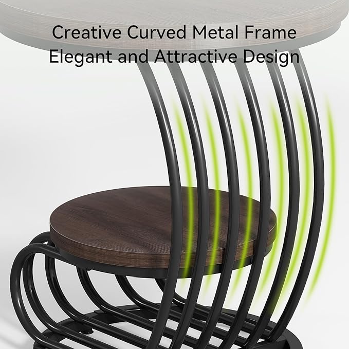 LITTLE TREE Round Side Table, Wood End Table with 2-Tier Storage Shelf, Accent Coffee Table, Creative Curved Metal Frame End Table for Small Spaces, Living Room, Bedroom, Brown + Black