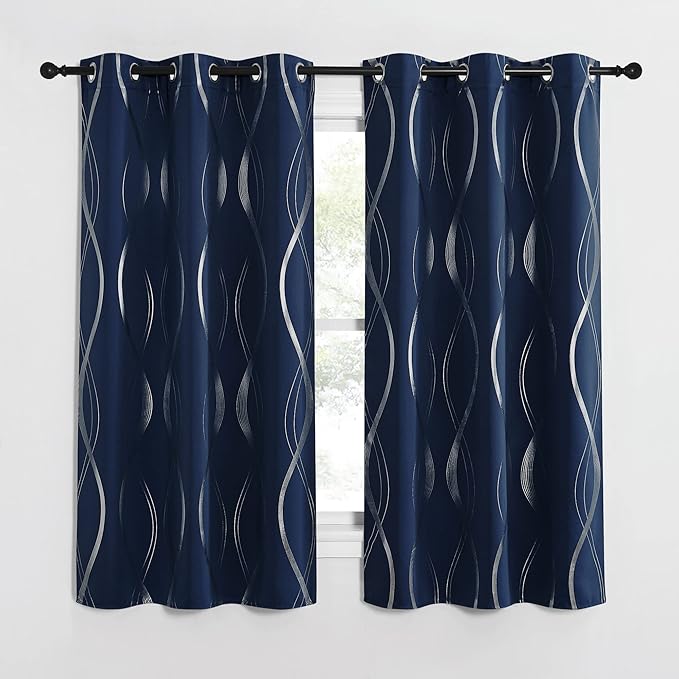 NICETOWN Blackout Curtains 63 inches Long for Bedroom, Thermal Insulated Solid Grommet Top Foil Printed Wave Lines Blackout Panels/Draperies for Boys Kid's Room (Navy, 1 Pair, 42 inch Width)