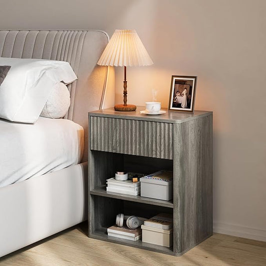 Nightstand Bedside Table Storage Drawer - Large Mid Century Modern Night Stand with Fluted Wood Storage Drawer and Open Shelf Bed Side Table for Living Room Study Room, Modern Gray, Set of 1