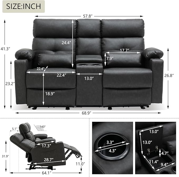 Power Reclining Loveseat with Console, Power Loveseat Recliner Sofa with Heat and Massage, Extended Footrest, Wall Hugger RV Recliner with Cup Holders, Lumbar Support for Living Room