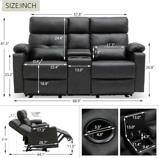Power Reclining Loveseat with Console, Power Loveseat Recliner Sofa with Heat and Massage, Extended Footrest, Wall Hugger RV Recliner with Cup Holders, Lumbar Support for Living Room