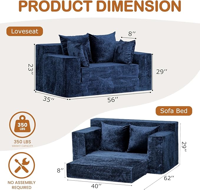 Convertible Sofa Bed, 5 in 1 Small Boneless Couch Pull Out Loveseat Sleeper Sofa,Corduroy Futon Couch Folding Mattress with 4 Pillows for Living Room (Blue, Loveseat(Silky Velvet))