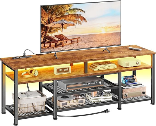 Furologee TV Stand with Power Outlets and LED Lights, 55 Inch Entertainment Center for 55 60 Inch TVs, Media Console Table with Open Shelves, for Bedroom, Living Room, Rustic Brown