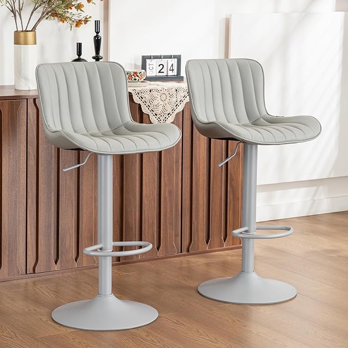 YOUNUOKE Bar Stools Set of 2, Counter Height Barstools for Kitchen Island, Modern Adjustable Swivel Gray Bar Chairs with Gray Legs