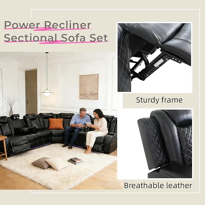 Power Reclining Sectional Sofa with LED, Leather Recliner Couch for Living Room/Home Theater, Sectional Reclining Couches with USB Port/Hide-Away Storage