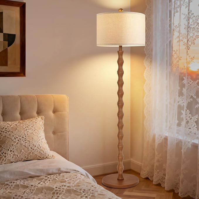 Wood Floor Lamp with 3 Color Temperatures,Boho Floor Lamp with Remote Control,Dimmable LED Floor Lamp Mid Century Modern Standing Lamp Farmhouse Tall Pole Lamp for Living Room Bedroom