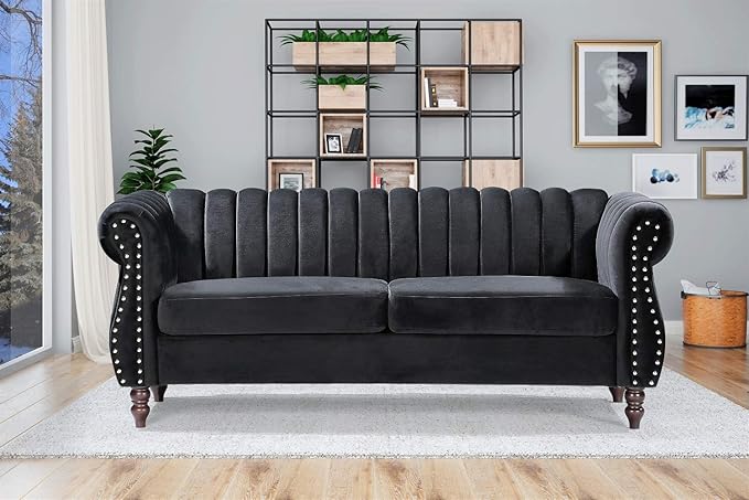 Container Furniture Direct Quinones Modern Nailhead Trim Channel Tufted Chesterfield Rolled Arms, Loveseat & Sofa, Midnight