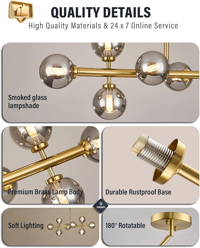 Modern Linear Chandeliers for Dining Room, 8-Light Globe Sputnik Pendant Ceiling Light, Brass Gold Dining Room Light Fixture Over Table, Mid Century Glass Smoke Grey Bubble, 31.5 Inch, GC-09
