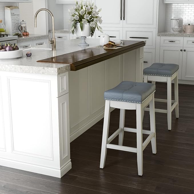 COSTWAY Bar Stools Set of 4, 24-Inch Height Backless Counter Stool with Footrest, Soft Seat Cushion, Wood Legs and Non-Slip Foot Pad, Saddle Stools for Home Kitchen Living Room, Stone Gray+White