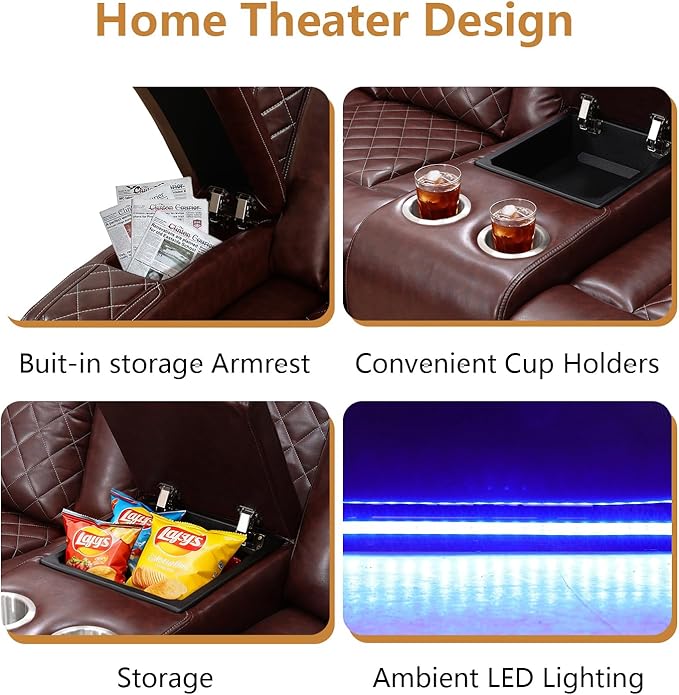 Power Leather Recliner Sofa Set with LED Light,Reclining Couch Set with USB Charger/Cup Holder/Storage,Leather Couch for Living Room Furniture Sets(3+2+1 Seats,Burgundy)