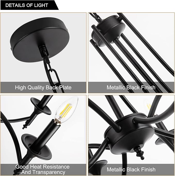 Industrial Candle Chandelier Modern Farmhouse Hanging Pendant Light Fixture with 8-Light Black Iron Classic Rural Candle Ceiling for Dining Room Living Room Bedroom Kitchen Island Foyer