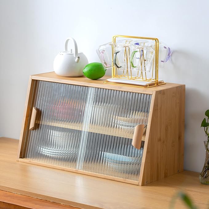 HollyHOME Small Bamboo Kitchen Pantry Sideboard with 2 Glass Doors and Adjustable Shelf, Freestanding Countertop Storage Cabinet for Bottles, Dish, Bowl, Console Dining Cupboard, Burlywood