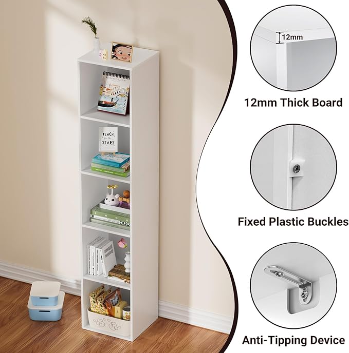 5 Tier Bookshelf, Open Tall Narrow Floor Standing Bookcase, Wooden Book Shelf Display Organizer for Home Office, Study (White, 5 Cube)