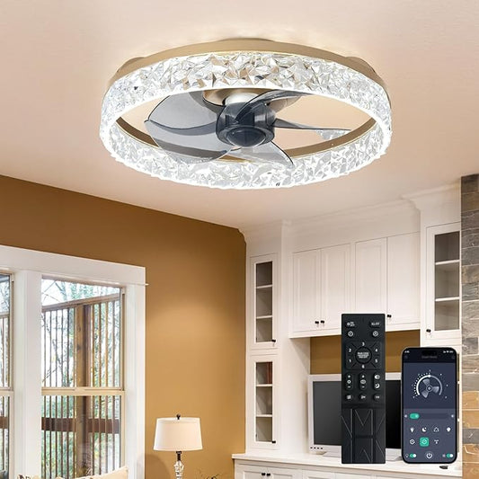 Depuley Ceiling Fans with Lights and Remote: 16" Modern Low Profile Flush Mount Ceiling Fan with App Remote Control - Gold Fandelier for Bedroom Living Room Kitchen Dimmable Quiet DC Motor