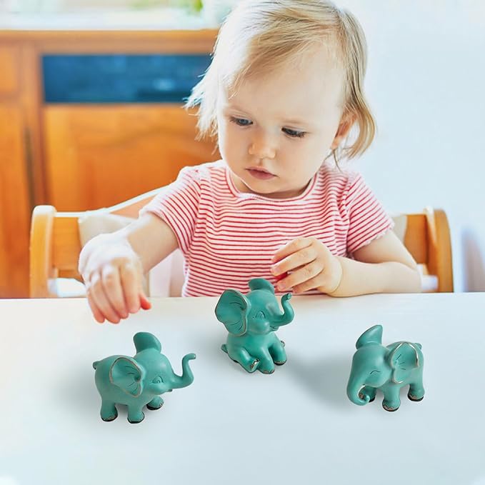 Loving Small Elephant Decor Statues, 3 Pcs Green Cute Elephant Figurines, Elephant Sculpture Decorative Objects for Bookshelf Home Decor