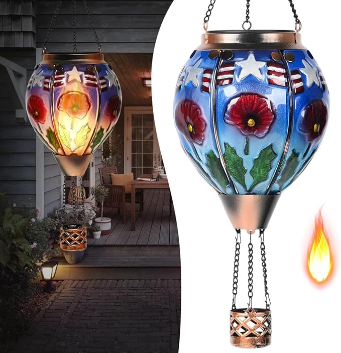 Hot Air Balloon Solar Lantern - Poppy Flower Patriotic Glass Lantern, Simulated Flickering Dancing Flame, Outdoor Hanging Yard Light Waterproof IP65, Ideal 4th of July Gift for Patriot Patio Decor
