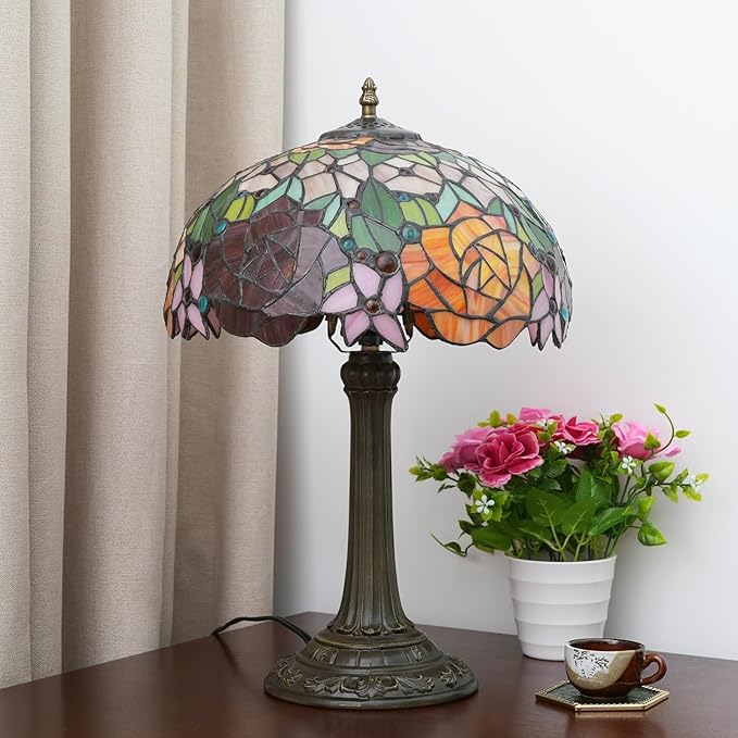 Tiffany Lamp Rose Flower Stained Glass Table Lamp 12X12X18 Inches Rose Style Desk Reading Light Decor Bedside Bedroom Living Room Home Festival Birthday Valentine's Day Christmas Gift