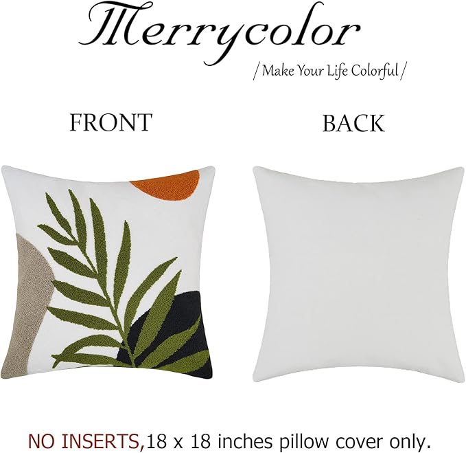 Merrycolor Boho Decorative Throw Pillow Covers 18x18 Tufted Green Decorative Pillows Covers Sun Leaf Mid Century Modern Throw Pillows for Bed Couch Sofa Living Room 1PC(Black and Green)