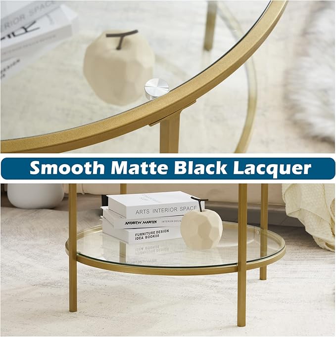 VINGLI Glass Coffee Table, 25.6" Round Champagne Gold Coffee Tables for Living Room, 2-Tier Glass Top Coffee Table with Storage Clear Coffee Table, Simple & Modern Center Table for Small Space