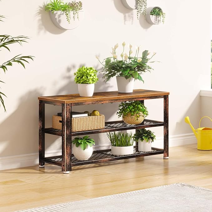 Rolanstar Shoe Bench, 3-Tier Shoe Rack, 28.7” Storage Entry Bench with Mesh Shelves Wood Seat, Rustic Foyer Bench for Hallway Front Door, Doorway, Living Room, Mudroom, Steel Frame, Rustic Brown