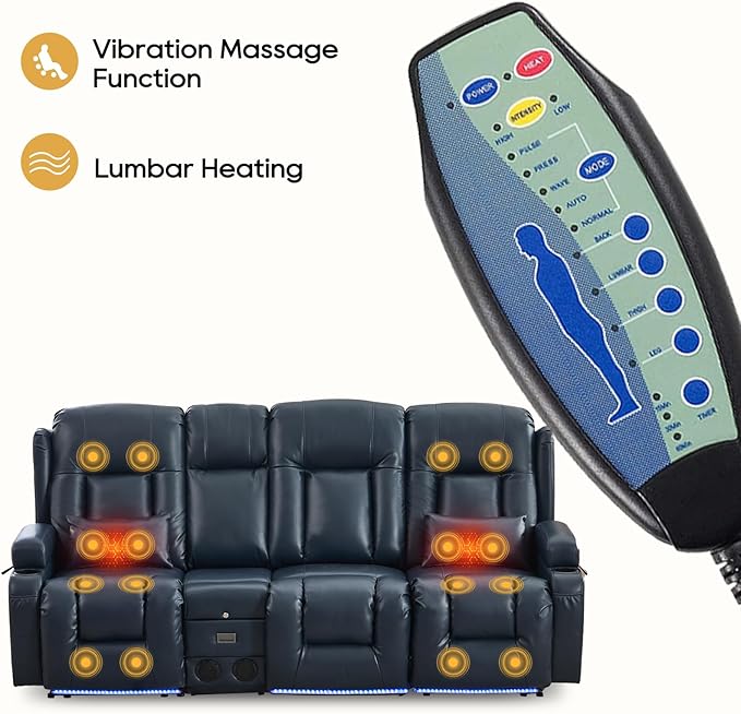IPKIG Power Recliner Sofa with Flip-Up Backrest Console, USB & USB-C Ports, AC Outlet, LED Lights, Wall Hugger Recliners for Living Room, RV (Dark Blue, 89" - 4 Seat) | Breathable Leather, Zero Gravity, Dual Reclining, 2 Lumabr Pillow, Bluetooth Speakers