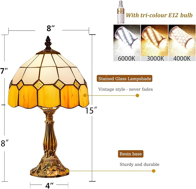 Table Lamp Tiffany-Style 8 Inch Mediterranean Series Stained Glass Lampshades Small Bedside Lamp Reading Antique Desk Light Livingroom Bedroom Office Vintage Art De(Color:Yellow)