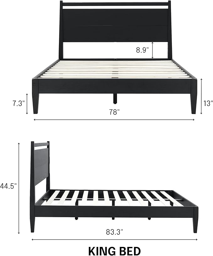 NTC Adept Wooden Bed Frame with Headboard, Solid Oak and Rubber Wood Foundation with Silent Slats and Wood Central Supports, 1000 Lb Capacity, Effortless Assembly, King - Burnt Black