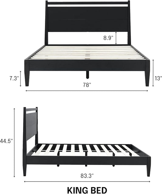 NTC Adept Wooden Bed Frame with Headboard, Solid Oak and Rubber Wood Foundation with Silent Slats and Wood Central Supports, 1000 Lb Capacity, Effortless Assembly, King - Burnt Black