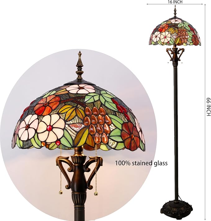 Tiffany Floor Lamp Green Purple Grape Stained Glass Standing Reading Light 16X16X66 Inches Antique Pole Corner Lamp Decor Bedroom Living Room